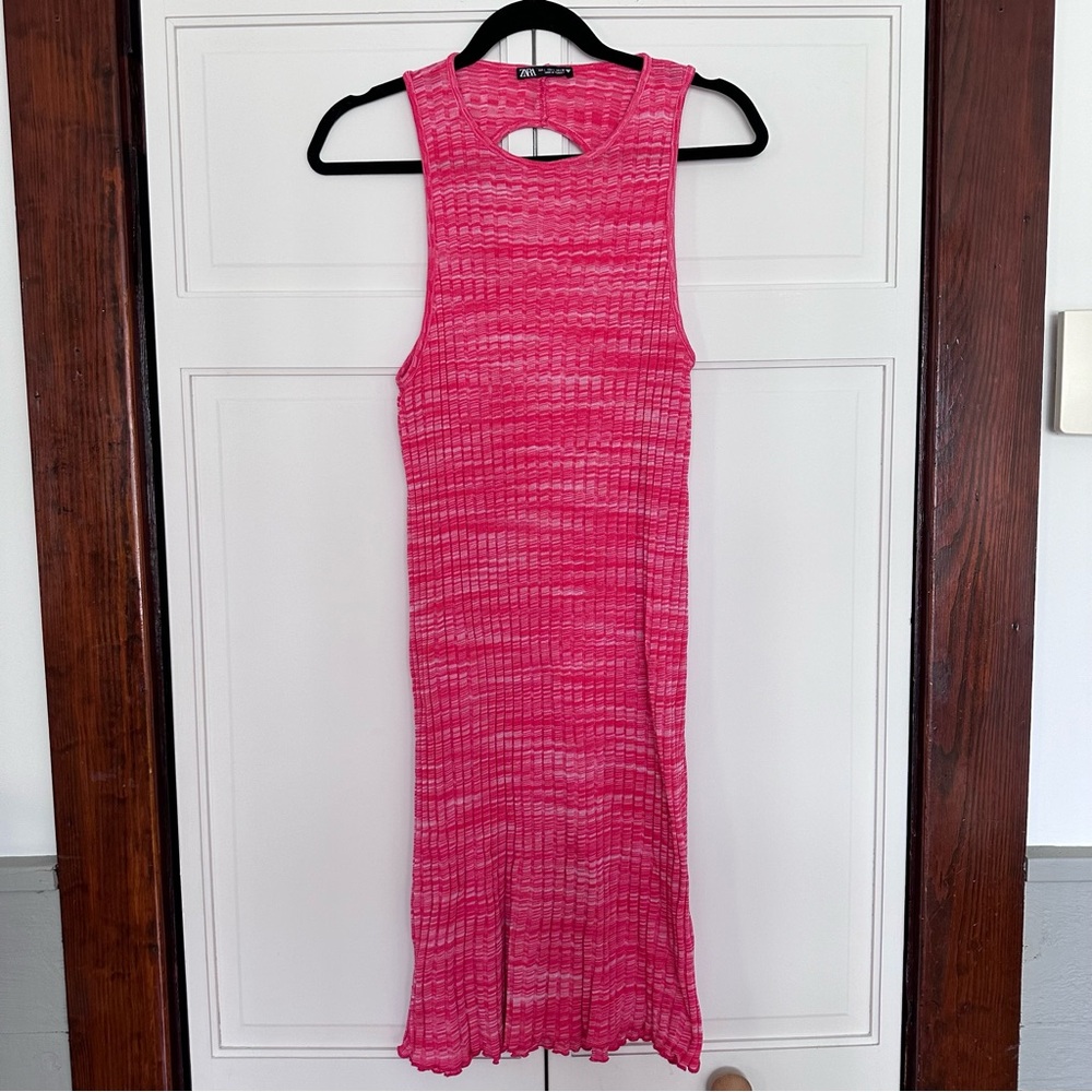 Zara pink space dye ribbed knit stretchy cut out midi dress size large